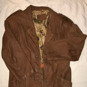 Long brown leather coat